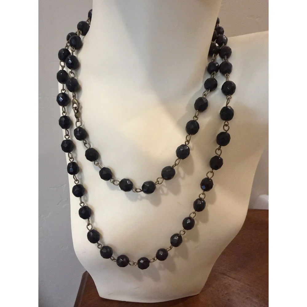 Vintage Black Faceted Glass Bead Long Opera Chain Necklace Convertible Lariat 46